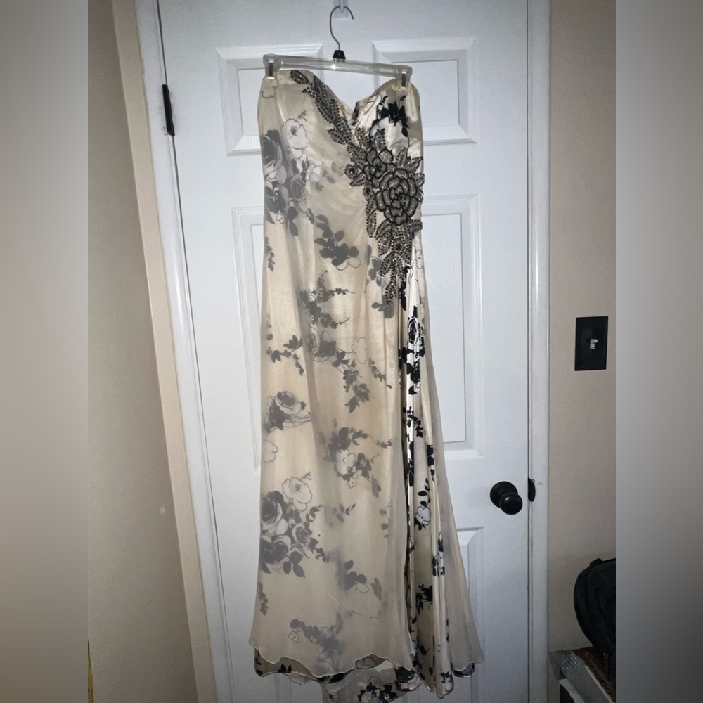 Terani couture black and white silk evening gown